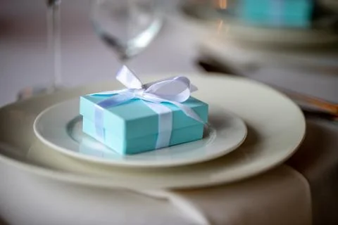 Light blue gift box on the plate Stock Photos