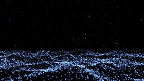 Light blue glowing particles form waves and rush directly into the camera Stock Footage 156311608