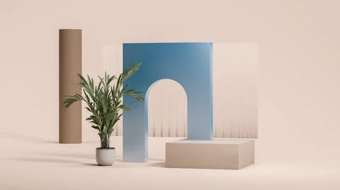 Light blue gradient arc and beige square podium display on pastel beige Ilustração Stock
