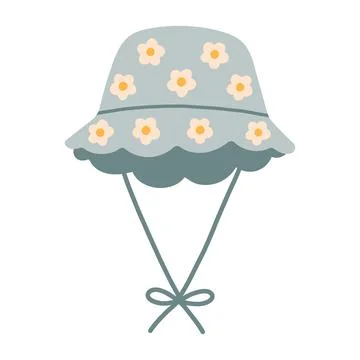 Light blue grey bucket hat with white daisy flowers and tie strap vector Stock Illustration