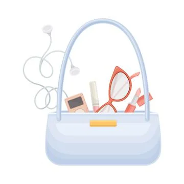 Light blue handbag full of typical woman things and accessories as media player Illustrazione stock