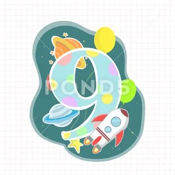 Light Blue Happy Birthday number Nine with Rocket and planets PSD Template
