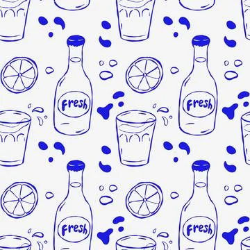 Light blue illustrated pattern with water, citrus, and whimsical elements Stockillustratie