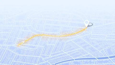 Light blue isometric city map with yellow navigation route and white pin Stock Illustration