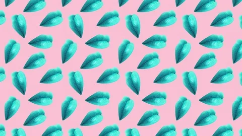 Light blue lips on pink background. Sexy close female mouth. Video stock 125321816