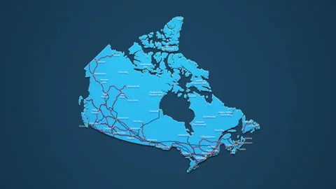 Light blue map of Canada with cities, roads and railways Stock Footage 156856354