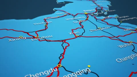 Light blue map of China with cities, roads and railways on a dark blue Stock Footage 157099462