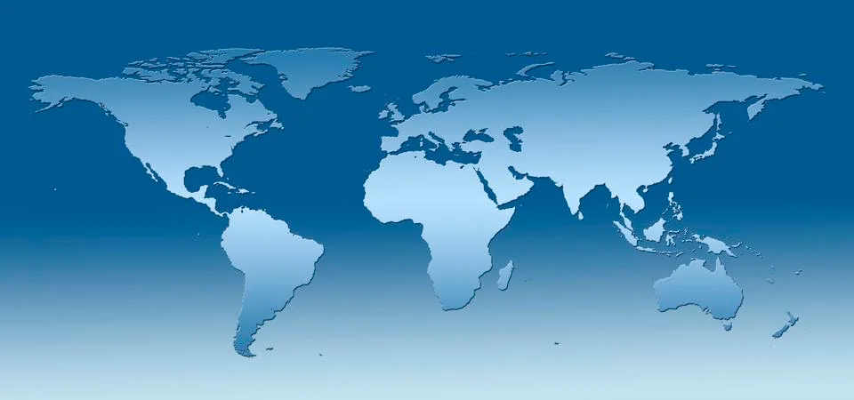 Light blue map of the world in front of a dark blue background, colour gradient Stock Illustration