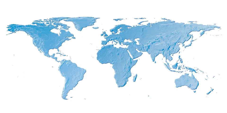 Light blue map of the world with relief structure on white, illustration Stockillustratie