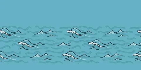 Light blue ocean waves seamless vector border pattern. Hand drawn seaside beach Stock Illustration