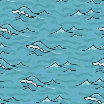 Light blue ocean waves seamless vector pattern. Hand drawn seaside beach water Stock Illustration