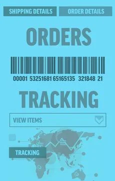 Light blue order tracking dashboard is showing tabs, dropdown, barcode and world Stock Illustration