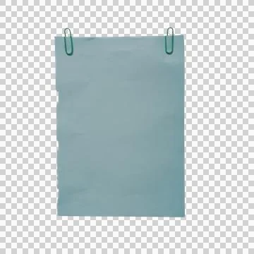 Light blue paper sheet with two green metal paper clips isolated on transpa.. Фото