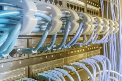 Light blue patch cord internet cables connected Fotos de archivo