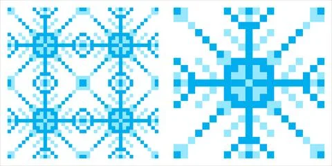 Light blue pixel art snowflake seamless pattern with a detailed symmetrical.. Stock Illustration