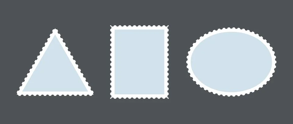 Light blue postage stamp set. Post stamp frames or borders. Round, rectangular Stock Illustration