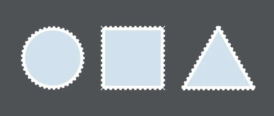 Light blue postage stamp set. Post stamp frames or borders. Round, square Illustrazione stock