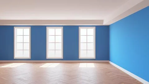 Light Blue Room with a White Ceiling and Cornice, Glossy Herringbone Parquet Stock Illustration