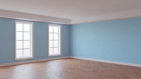 Light Blue Room with a White Ceiling and Cornice, Glossy Herringbone Parquet Stock Illustration