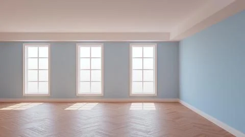 Light Blue Room with a White Ceiling and Cornice, Glossy Herringbone Parquet Stock Illustration