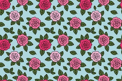 Light Blue Rose Flower Seamless Pattern Hand Drawn Flat Vector Asset Stock Illustration