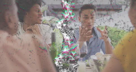 Light blue shirt speaker gesturing, sharing story causing glitch overlay pulsing Stock Footage 320602998