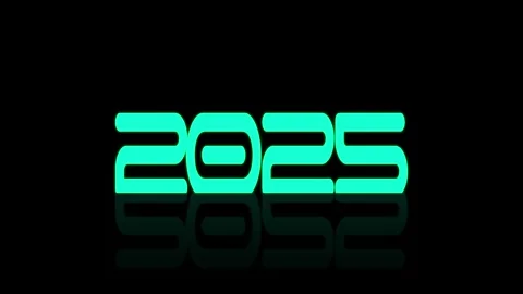 Light blue text numbers 2025 on a black background with transition and refl.. Stock Footage 290075119