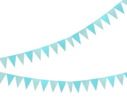 Light blue triangular bunting flags on white background. Festive decor Stockfoto's