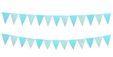 Light blue triangular bunting flags on white background, banner design. Festi Stock Photos