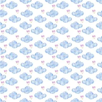 Light blue watercolor clouds pattern seamless on white background Hand drawn  Illustrazione stock