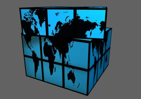 Light Blue World Map as Cube Globe Black Continents Stock Illustration