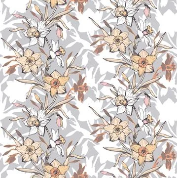 Light botanical seamless vector pattern with flowers narcissus on white. Stock Illustration