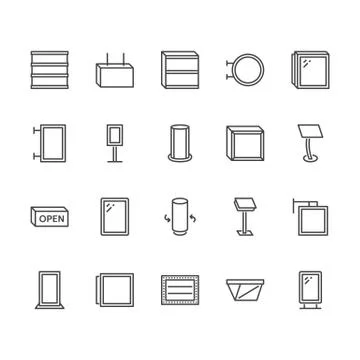 Light box flat line icons. Hanging signboard, retro lightbox, outdoor banner Stock Illustration