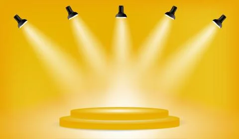 Light box with presentation platform on yellow backdrop with five spotlights. Stock Illustration