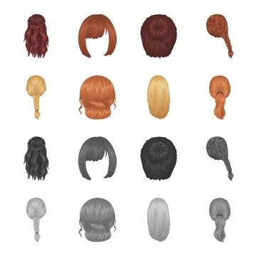 Light braid, fish tail and other types of hairstyles. Back hairstyle set Illustrazione stock