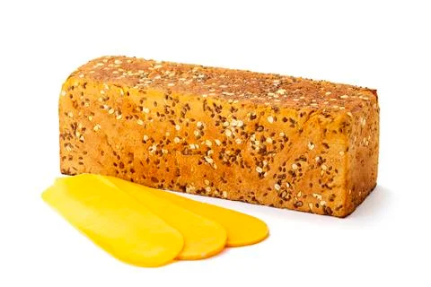 Light bread and cheddar cheese slices on white background. food Foto stock