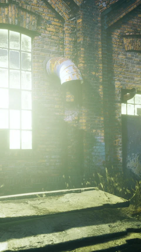 Light breaks through old factory remnants by the rusty pipe and brick wall Stock Footage 335097918