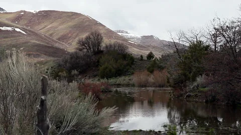 A light breeze ripples small mountain pond mountains, trees and sagebrush. Stock Footage 4279621