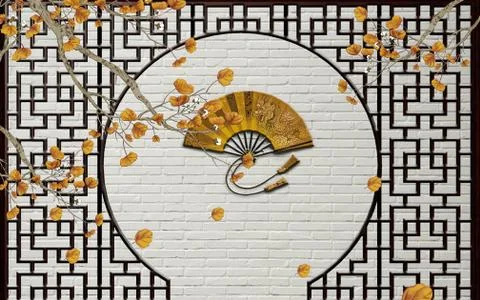 Light brick background, brown lattice, orange fan, orange autumn leaves Stock Illustration