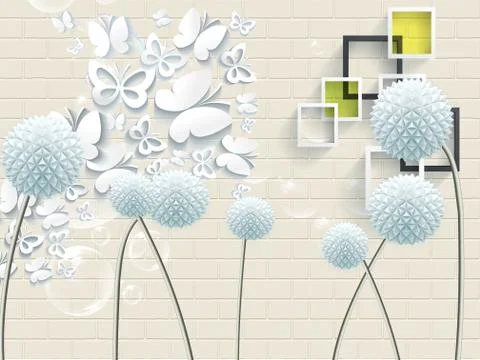 Light brick wall, round paper dandelions, white paper butterflies, frames Stock Illustration
