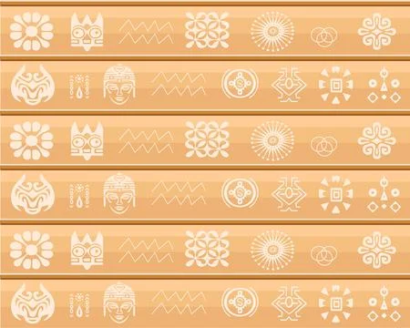 Light Brown Background with Tribal Patterns, Symbols, and Faces Illustrazione stock