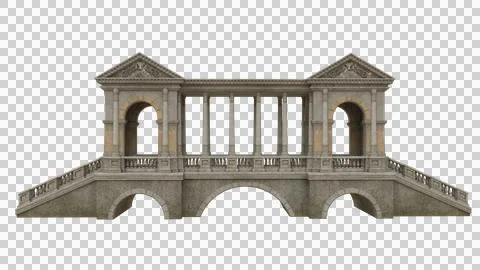 Light brown medieval covered stone bridge with classical columns and arches.. Stock Illustration