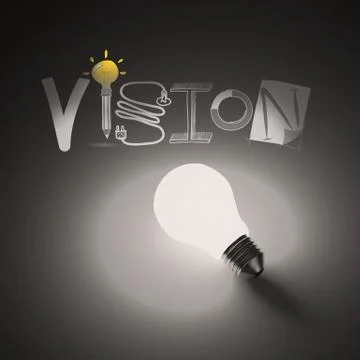 Light bulb 3d and hand drawn graphic design word vision  as concept Stock Illustration