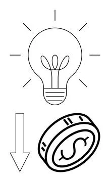 Light bulb above a coin with a dollar sign, connected by downward arrow. Idea Ilustración de archivo