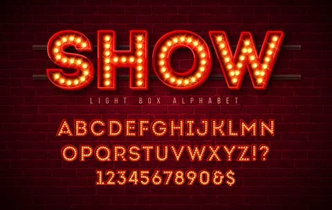 Light Bulb Alphabet with Red Frame Box and Shadow on Vintage Brick Wall Illustrazione stock