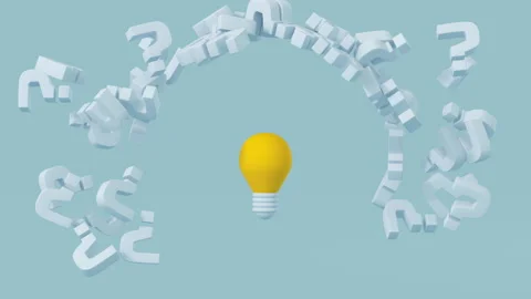 Light bulb among question marks minimal cartoon style 3D render animation Stock Footage 219318973