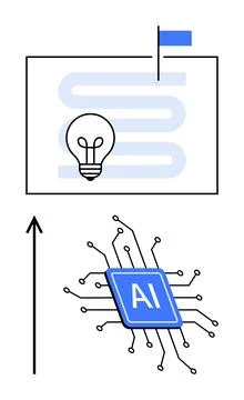 Light bulb and AI circuit on path with flag symbolize creativity, technology, Stock Illustration