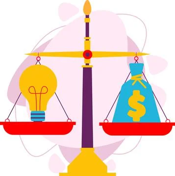 A light bulb and a bag of money on the scales. Stock Illustration
