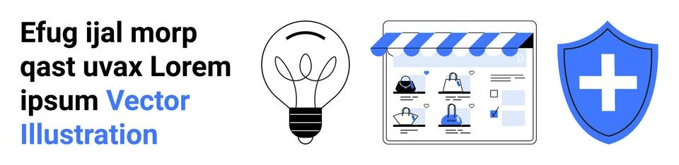 Light bulb and blue security shield flanking an e-commerce store interface. P Stock Illustration