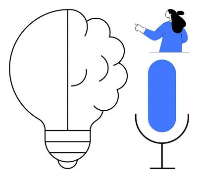 Light Bulb and Brain Concept with Person Gesturing Towards a Microphone in .. Stock Illustration